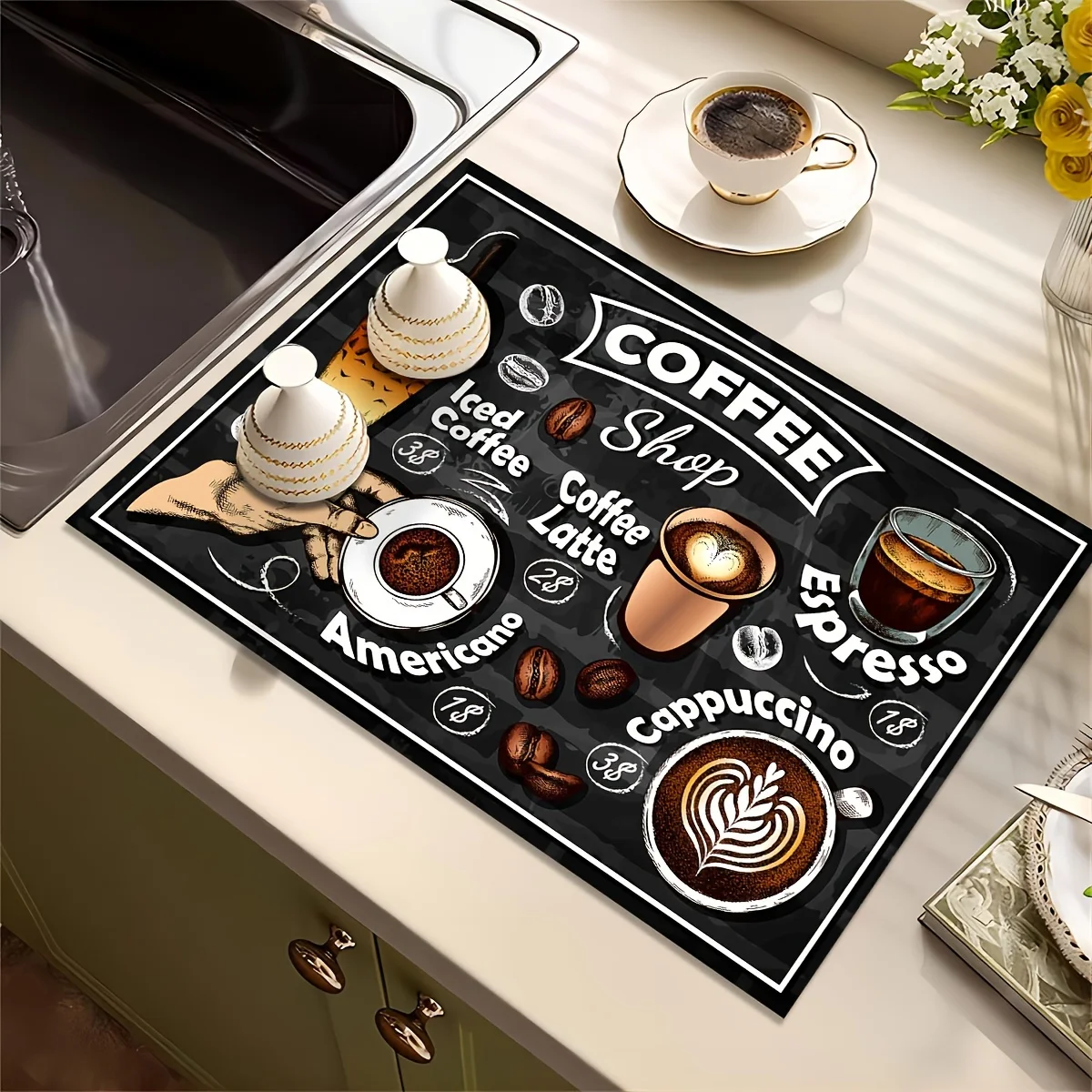 

Vintage Coffee Print Kitchen Drying Mat Super Absorbent Stain-Hiding Dish Pad with Non-Slip for Coffee Machines Countertops