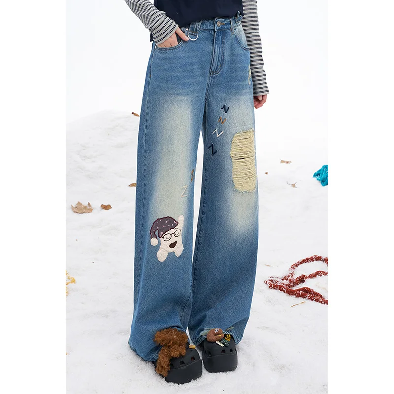 ELFSACK 2025 الشتاء الوافدين الجدد Y2K عادية فضفاض الكلب الجرافيك ممزق المتعثرة مستقيم الطابق طول الجينز للنساء