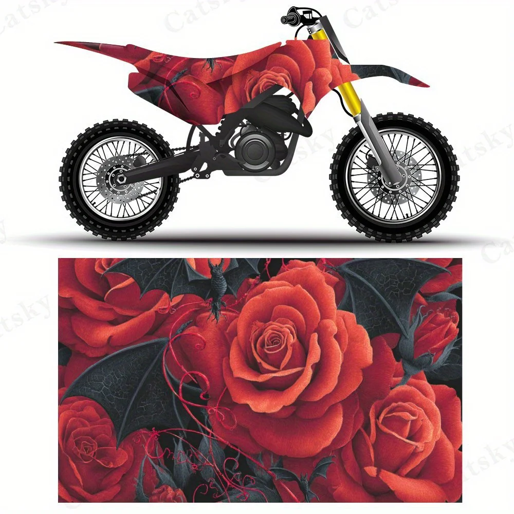Rode rozen en zwarte vleermuisvleugels motorfiets filmstickers, duurzame PVC zelfklevende stickers voor motorfietsaanpassing, weerbestendig