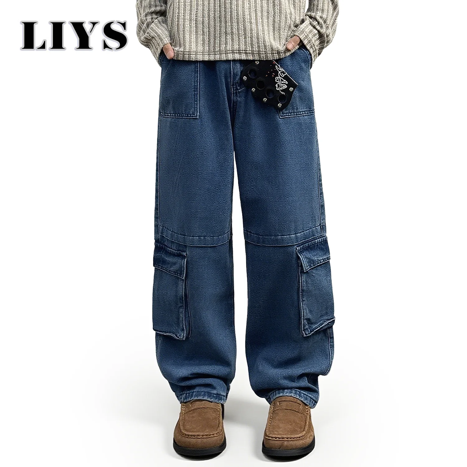 

Men's Autumn Blue Retro Washed Workwear Jeans Male Multi Pocket Straight Tube Loose Work Clothes Winter Denim Pants Goth Pants