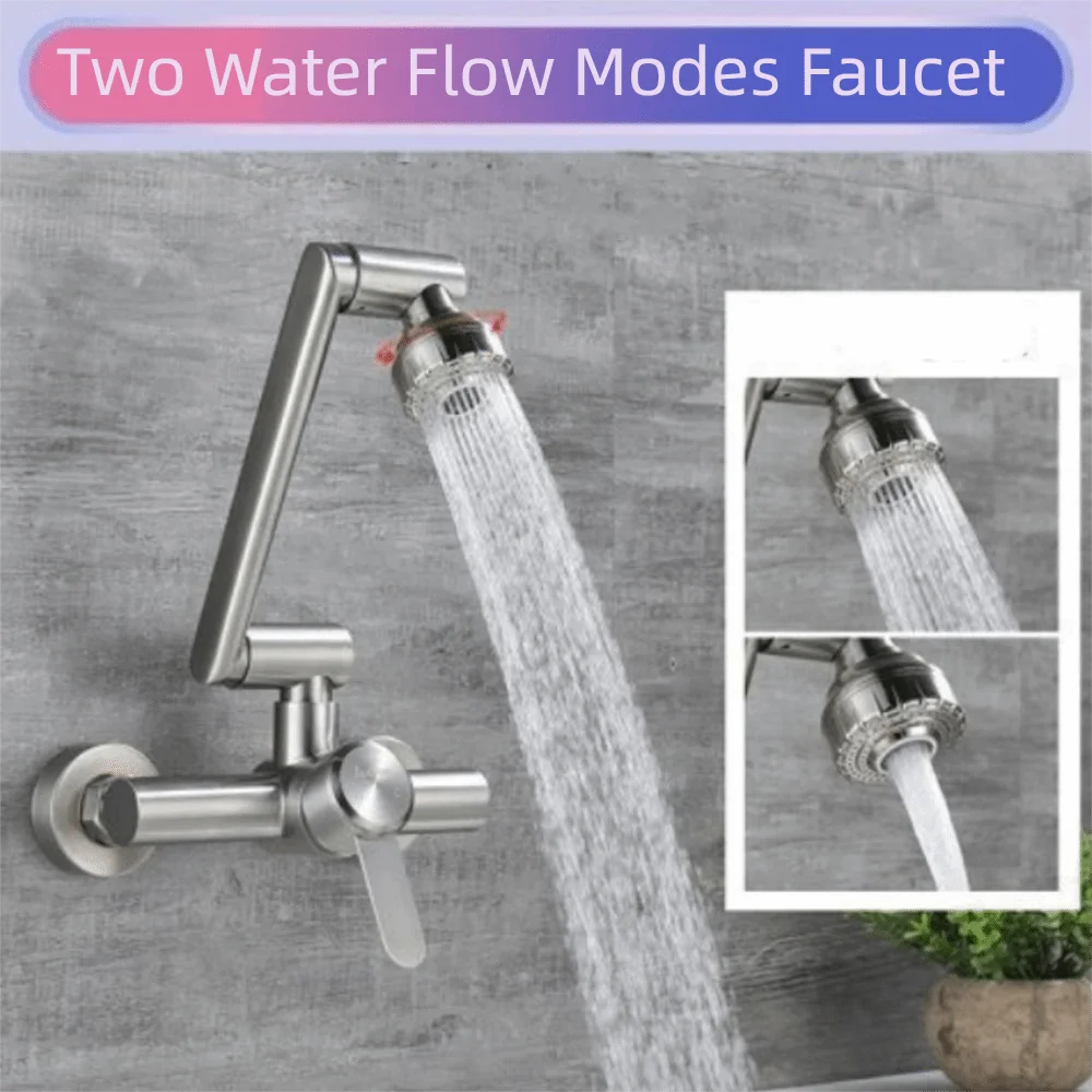 

360° Rotation Wall Mounted Faucet Chrome Finish 2 Modes Nozzle Bathroom Faucet Stainless Steel Kitchen Sink Faucet