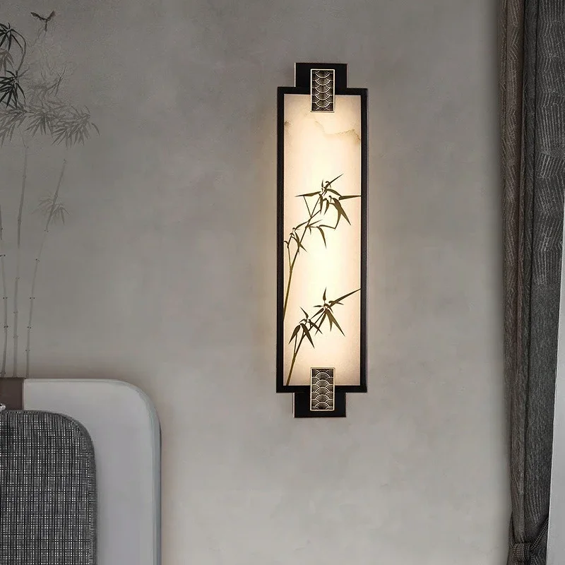 

master bedroom wall lamp full copper marble living room background wall aisle Chinese style model bedroom bedside lamp