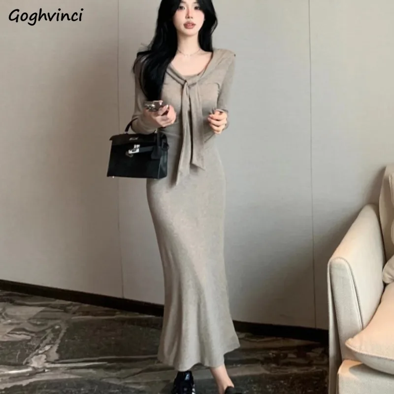 Long Sleeve Dresses Women Fake 2pcs Shawl Bodycon Comfortable Korean Fashion Solid Sweet Sexy Girls Autumn Hip-covering Vestidos