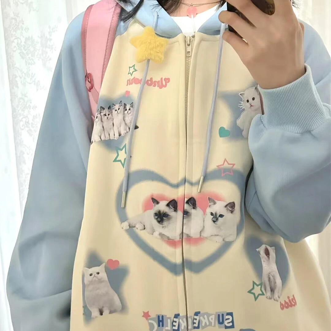 Japanese Funny Cartoon Zipper Hoodie Jackets High Quality Cotton Animal Graphic Sweatshirt Coat Loose Oversized Kawaii Clothes