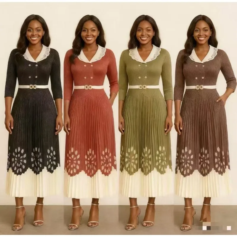 미야케 플리츠 플러스 사이즈 여성용 긴 소매 우아한 패치워크 플리츠 허리 조임 드레스 공식 행사 출퇴근 유럽 스타일