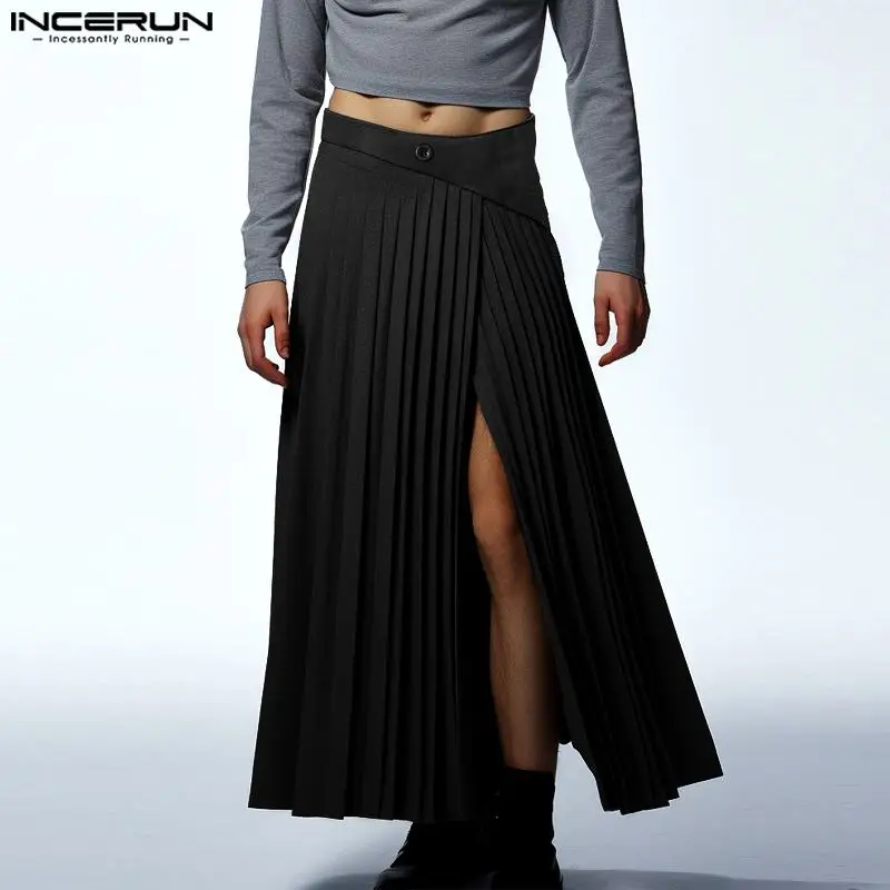 2023 Men Skirts Pleated Zipper Solid Loose Fashion Casual Unisex Irregular Skirts Pants Streetwear Split Men\'s Bottoms INCERUN