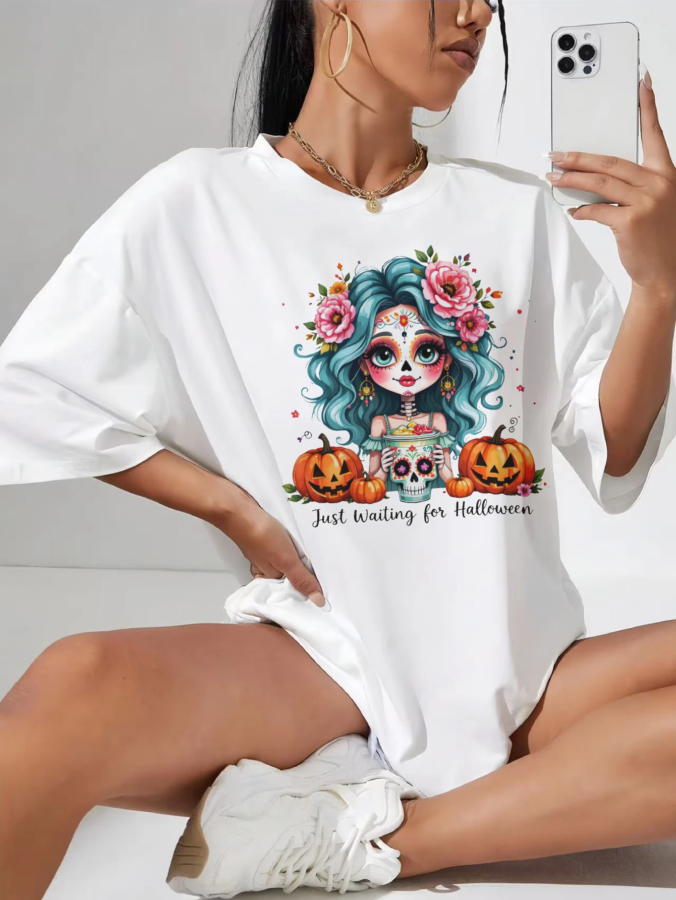 

Just-Waiting-for-Halloween-Сахарно-белая длинная футболка для беременных с боковыми сборками, дышащая и стильная для жизни в беременных