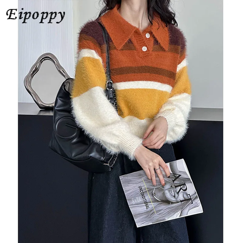 เสื้อถักผู้หญิงหลากสี, เสื้อเบลาส์ดีไซน์ย้อนยุคคอปกเกาหลีใส่สบายฤดูใบไม้ร่วงและฤดูหนาว