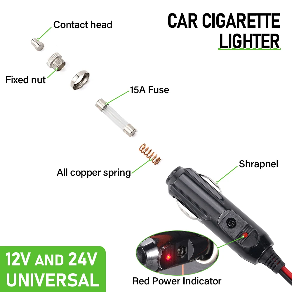 18AWG 1.5m Car Cigarette Lighter Socket Male Plug Adapter Power Cord Crocodile Clip Battery Extension Cord 15A Fuse LED Lights