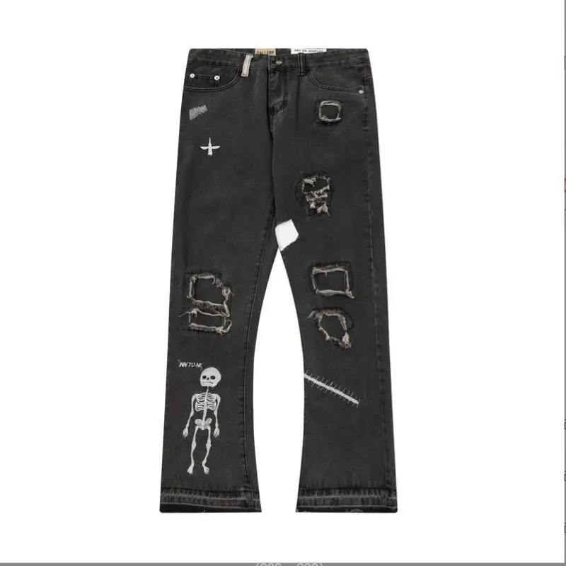 

high street Personalized Embroidered Skull Hole Jeans Men's Fashion Loose Denim Pants Man Casual trousers 2024 w792