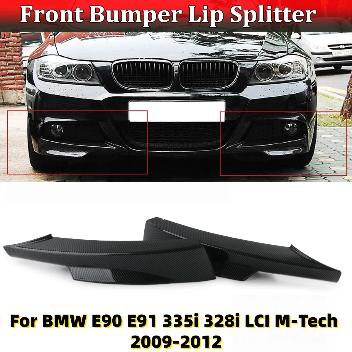 Front Bumper Splitter Spoiler Lip For BMW E90 E91 335i 328i LCI M-Tech Glossy Black/Carbon Look 2009 2010 2011 2012