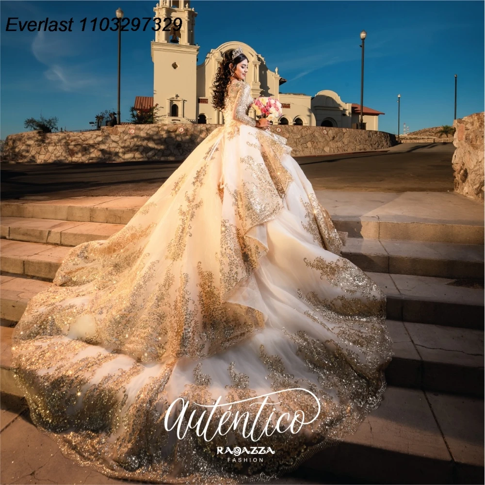 Evlast personalizado mexicano manga longa quinceanera vestido de baile renda applique frisado pérolas doce 16 vestido de 15 anos tqd907