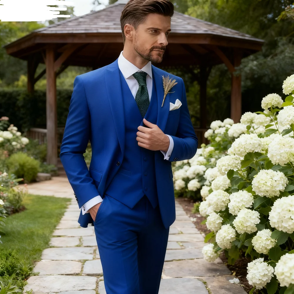 

Italian Men's 3-Piece Tuxedo Navy Blue Jacket Slim Fit Wedding Groomsmen Suit with White Vest And Lapel Cufflinks