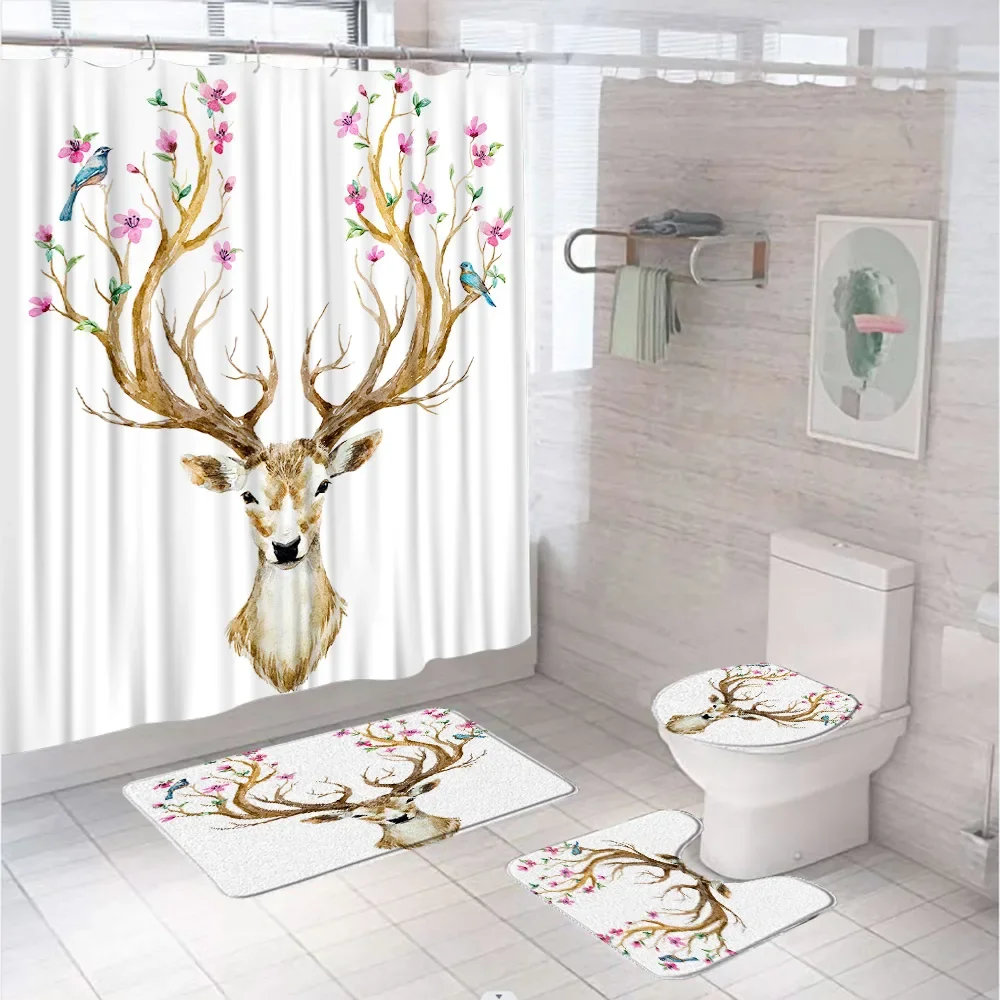 Sika Deer Shower Curtain Set with Non-Slip Rug Toilet Lid Cover Bath Mat Watercolor Animals Plum Blossom Birds Bathroom Curtains