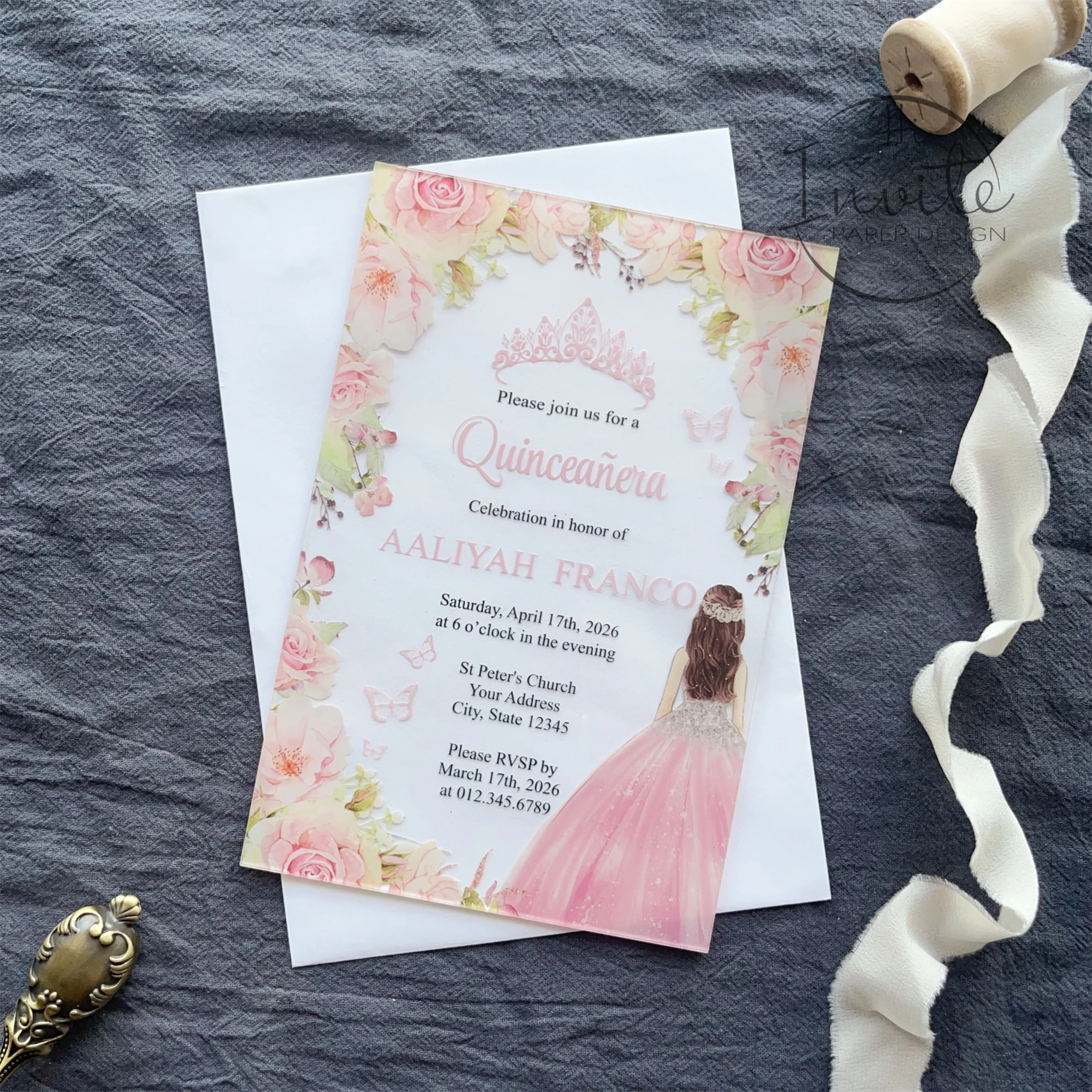 

Blush Princess With Crown Sweet 16 Acrylic Invitation, Personalized Pink Floral Acrylic Quinceañera Invite