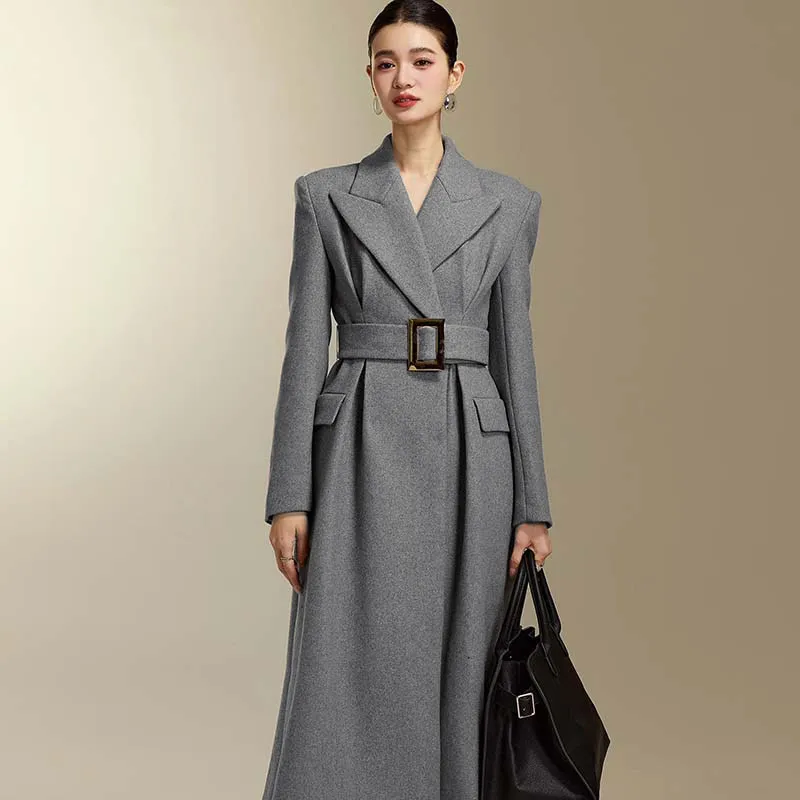 

Elegant Women's Woolen Coat Belted Mid-Length French Style Fashion Spring New Arrivals Polyester Fiber Long Sleeve Double-Bre...