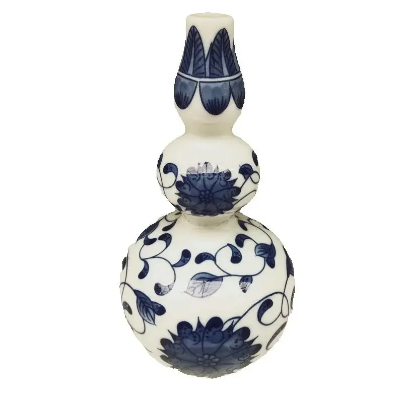 

Chinese Old Porcelain Triple Gourd Vase Blue And White Entangled Lotus Pattern Traditional Decorative Floor Standing Artwork