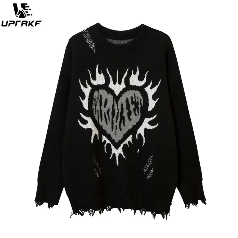 UPRAKF Heart Shape Ripped Sweater Autumn Loose Knitted Jumper Winter Fashion Streetwear Pullover Warm Casual