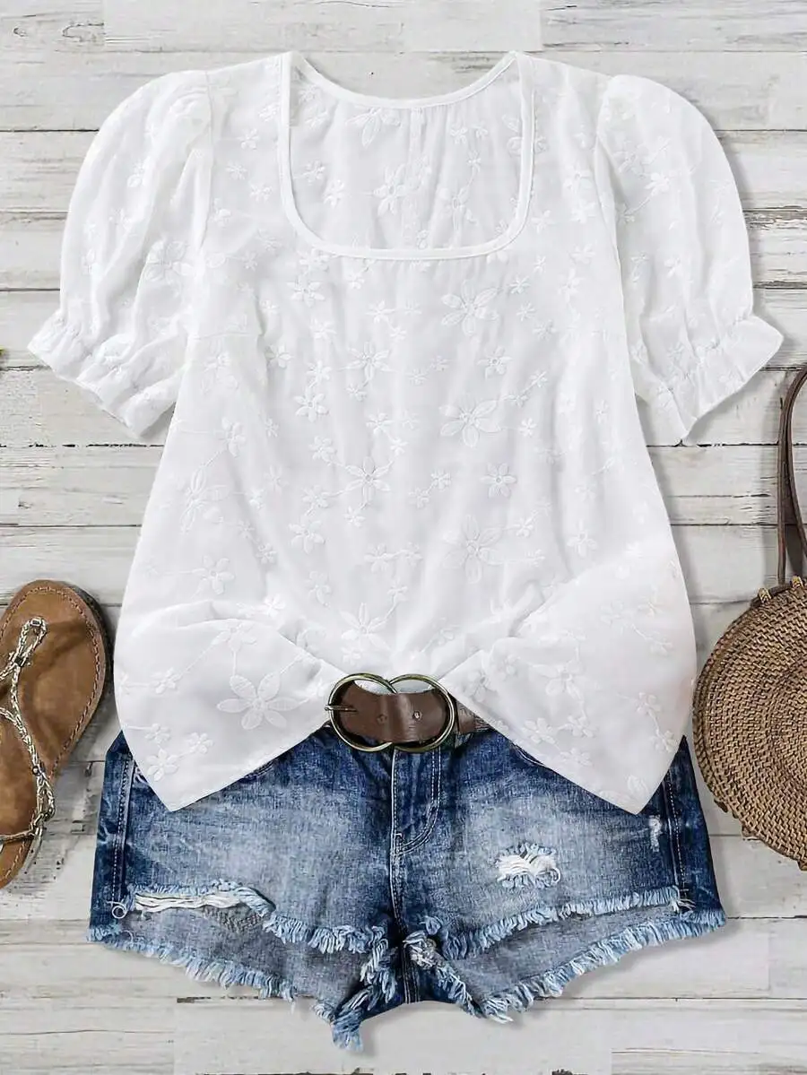

White Floral Embroidered Puff Sleeve Casual Blouse For Women