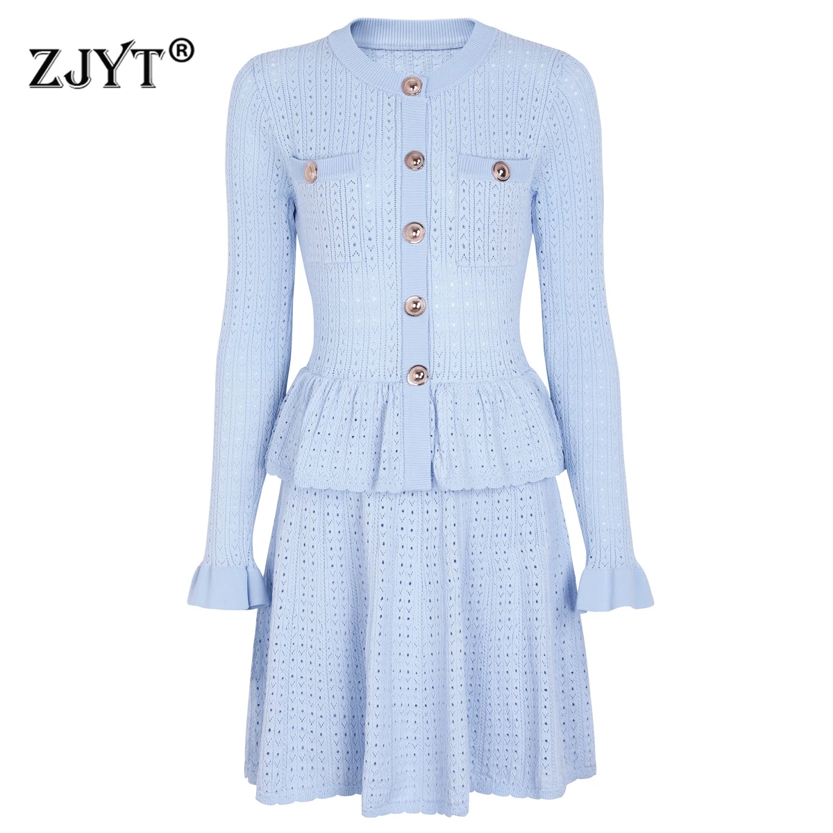 

ZJYT Spring Autumn New Knit Sweater Dresses for Women 2026 Elegant Hit Color Ruffles Patchwork Blue Short Party Dress Ladies