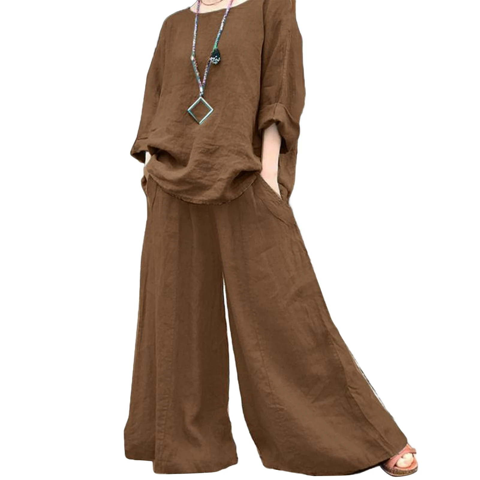 Conjunto de pantalones de lino y algodón para mujer, traje elegante, camisa de manga larga, pantalones de pierna ancha, informal, primavera, verano