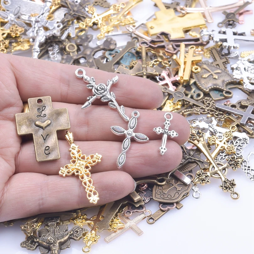 Random Mix 40pcs/lot Cross Jesus Religion Antique Bronze Alloy Pendant Charms For Jewelry Making Amulet Craft Materials cruz