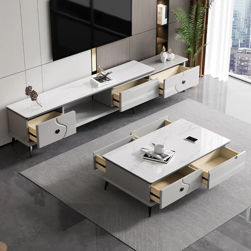 for Modern Simple Rock Slab Telescopic TV Cabinet Coffee Table Combo Living Room Solid Wood Small Apartment Light Luxury