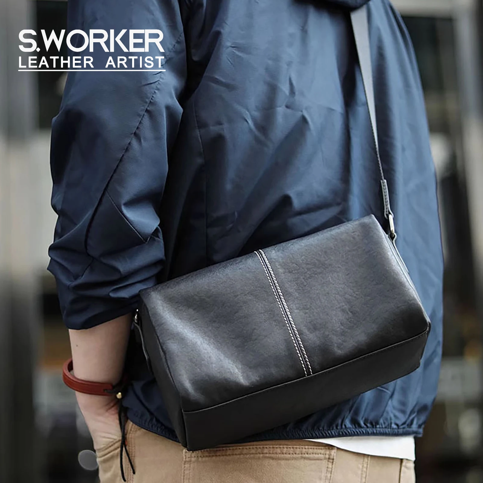 S.WORKER Modische Echtleder-Umhängetasche für Herren, Vollnarbig, Trendige Casual-Crossbody-Tasche, Mini-Umhängetasche für Handy und Schlüssel – Detail 2