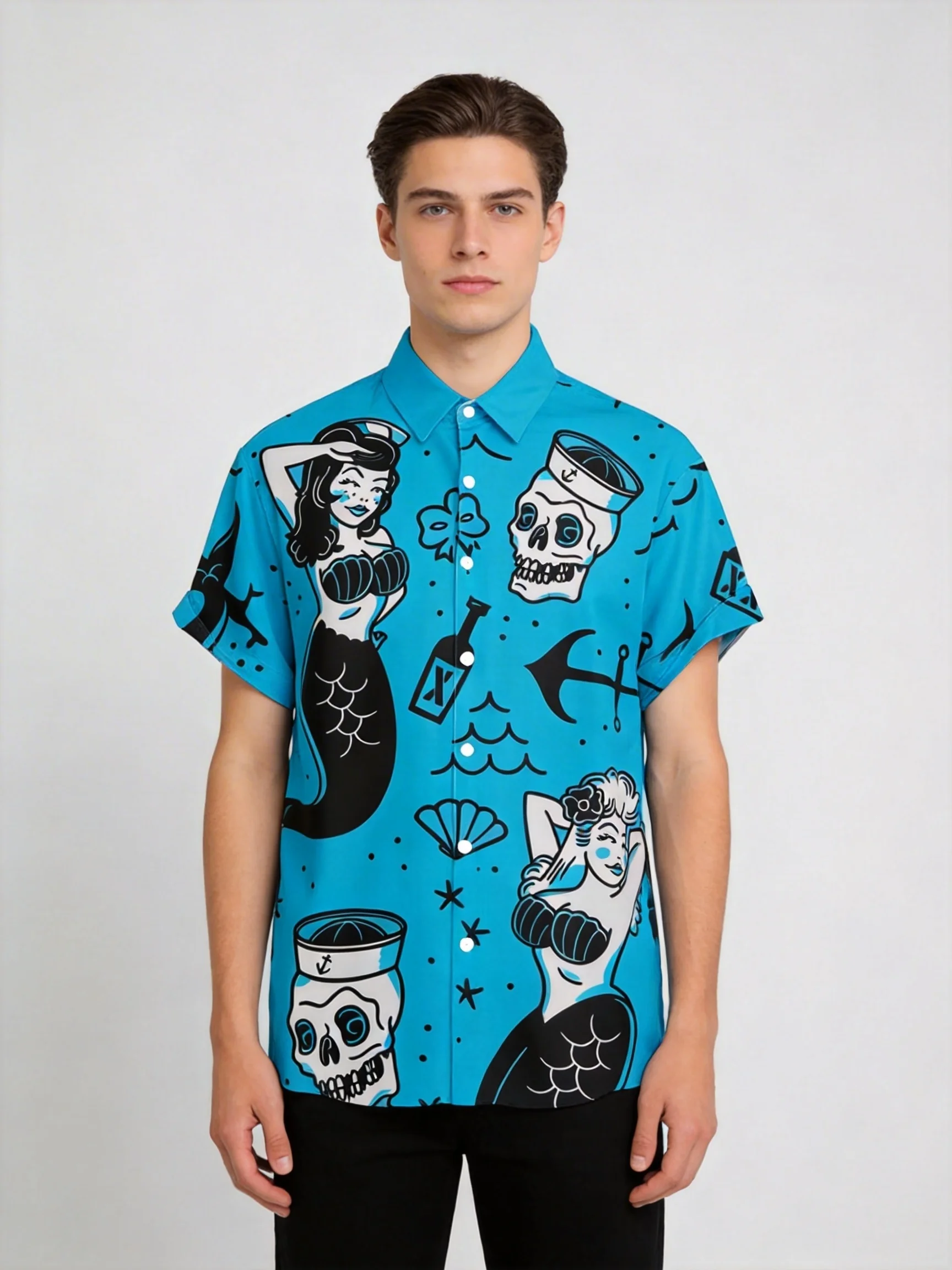 Men's Vintage Tattoo Mermaid Skull Print Short Sleeve Shirt Casual Hawaiian Button Down Shirts For Men Beach Vacation Party Wear