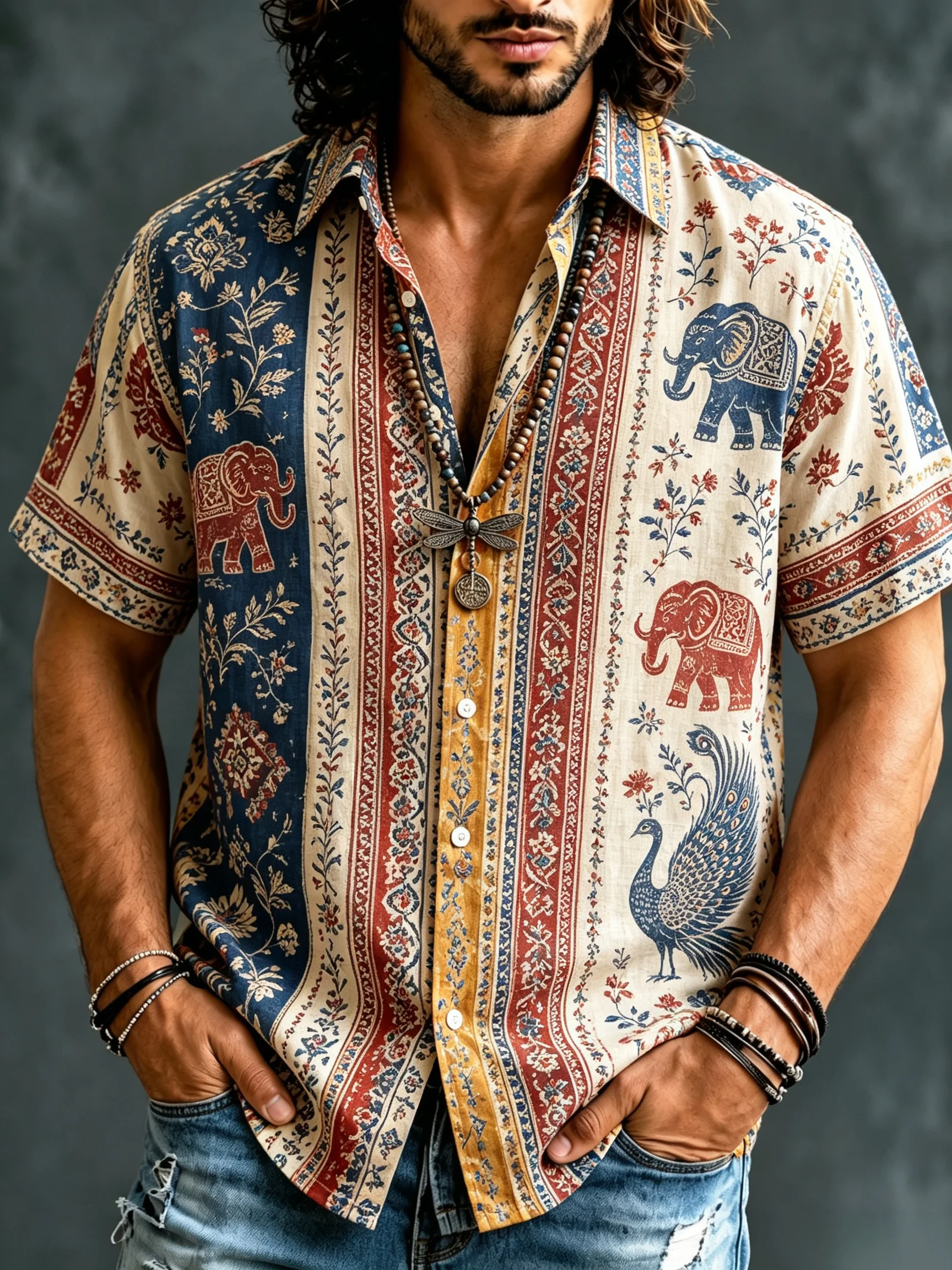 Retro Tribal Mens Shirt Random Print Short Sleeve Button Down Casual Top Ethnic Boho Style Summer Beach Gift Holiday Collections