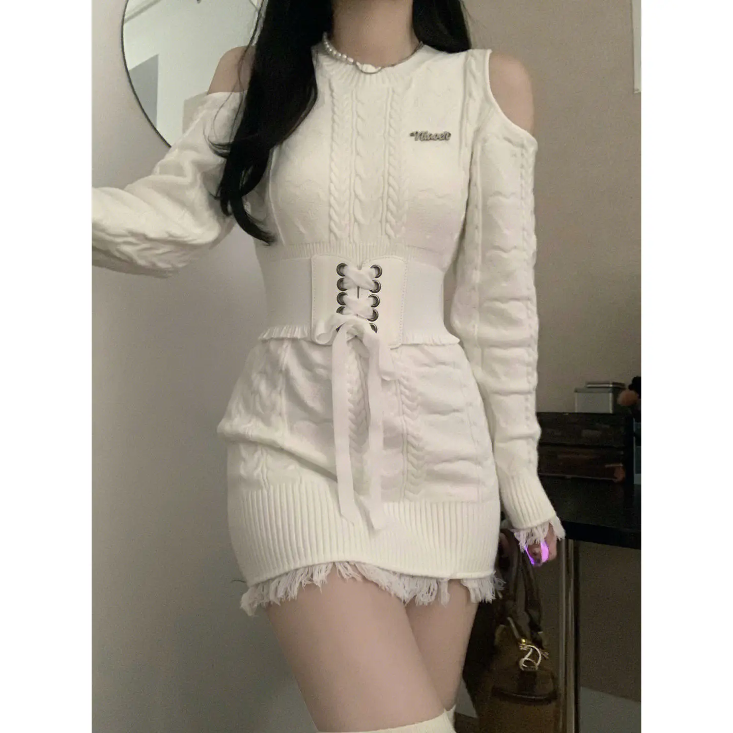 

Spring And Autumn Set Women'S French Skills Tassel Off-Shoulder Sweater Dress + Waist Cover Two-Piece Set