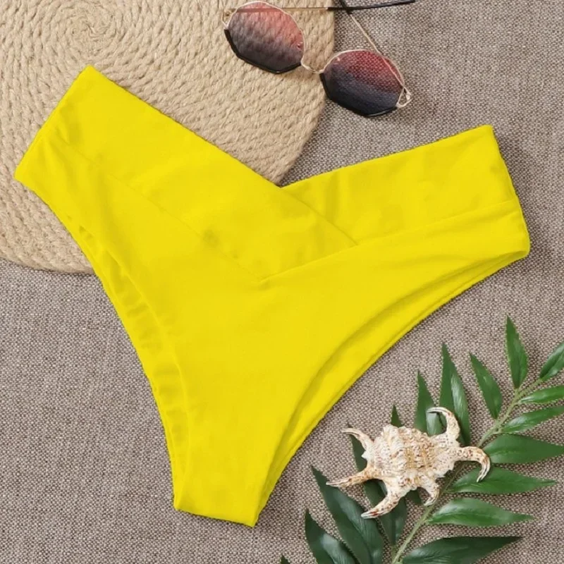 Bañador de cintura alta para mujer, braguitas de Bikini, parte inferior de Color sólido, ropa de playa