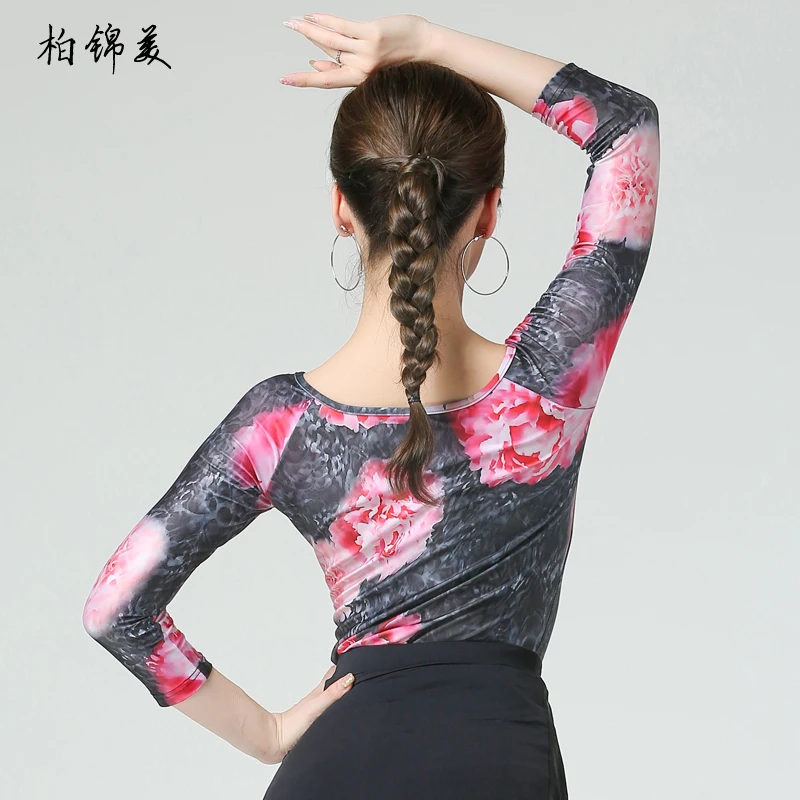 Latin Dance Top Women's Adult New Medium Sleeve Garment Exercise Table Performance Women's Printing Modern Competition Training