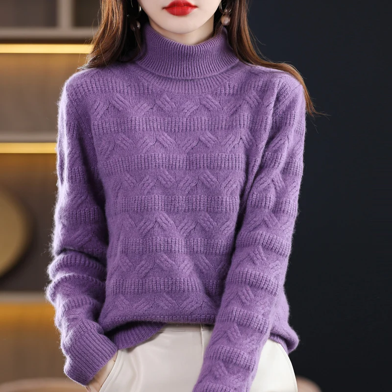 

Autumn Winter 100% Pure Wool Soft Thickening Sweater Women Jacquard High Lapel Solid Pullover Basis Casual Cashmere Knit Top