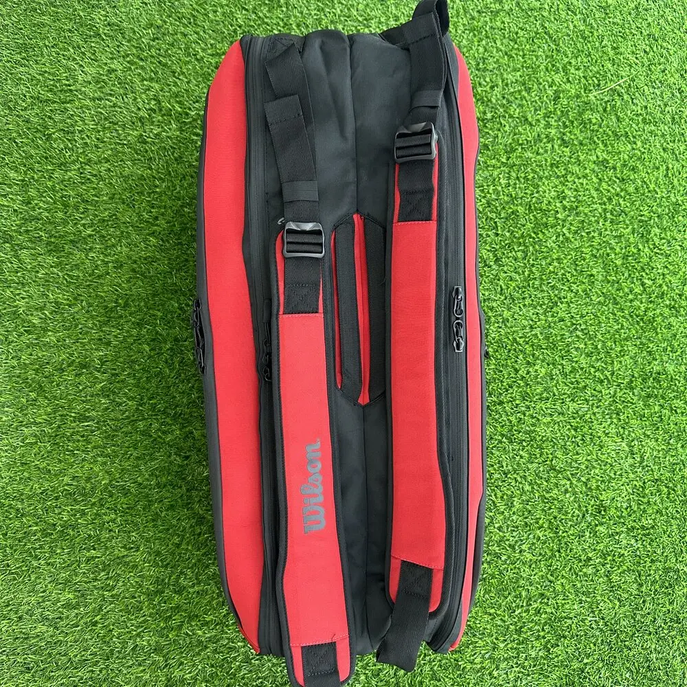Wilson Embossed Logo Clash V2 Super Tour Tennis Bag for 9 Rackets with Thermoguard Compartment Red PET Shell Racquet Backpack