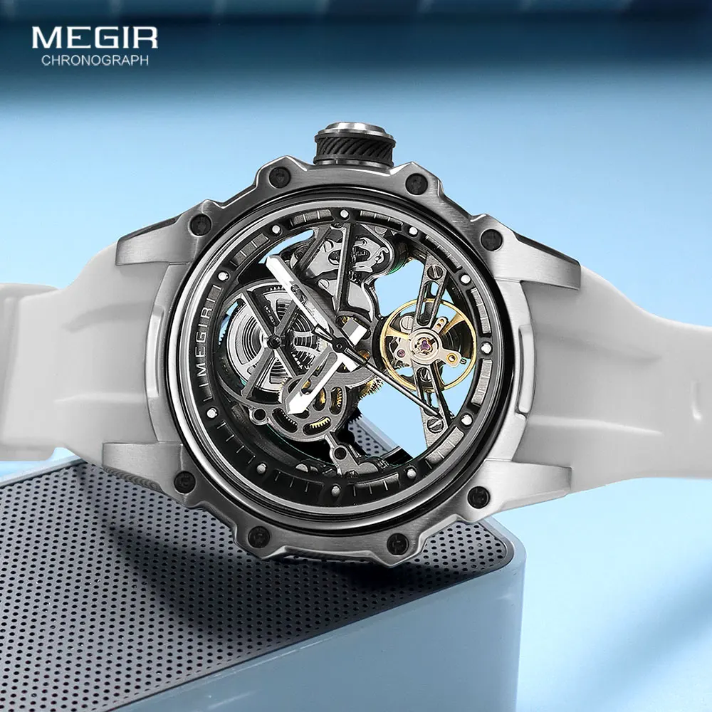 MEGIR Sports Automatic Mechanical Watch for Men Fashion Stainless Steel Cased Wristwatch with White Silicone Strap Skeleton Dial