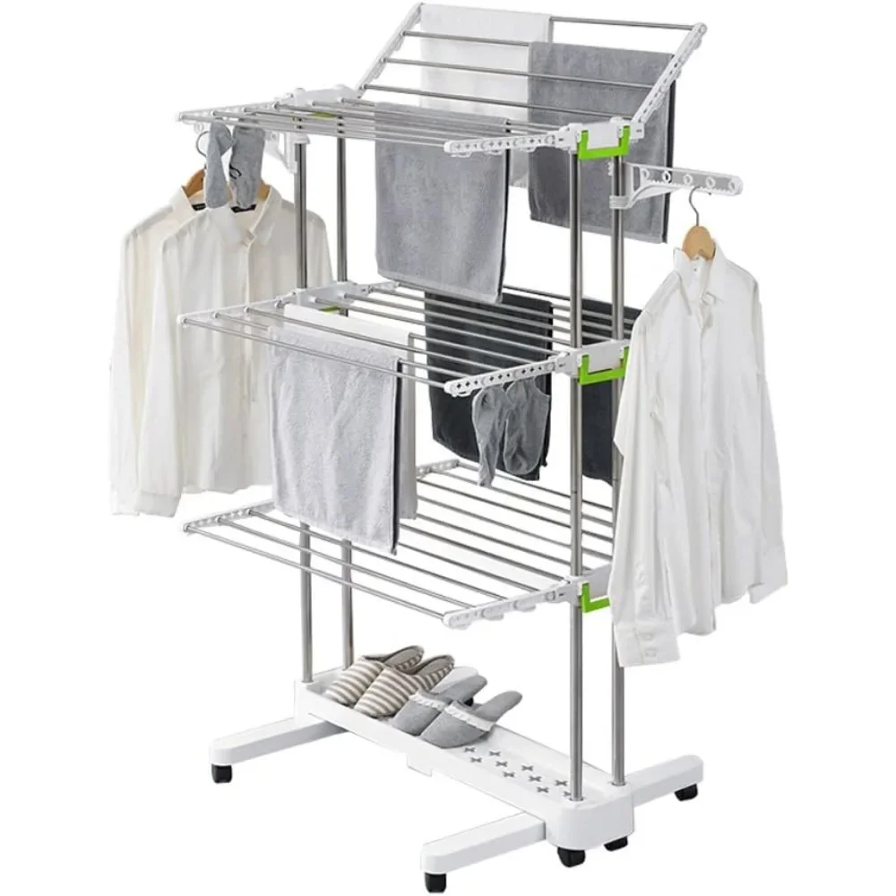 BR505 3-Tier Collapsible Clothes Drying Rack with Casters, Laundry Drying Rack, Stainless Steel Hanging Rods, Indoor & Outdoor U