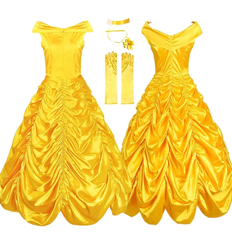 

Belle Cosplay Costume Women Adults Beauty and The Beast Belle Princess Yellow Dresses Accessories Suit Halloween Party Clothes