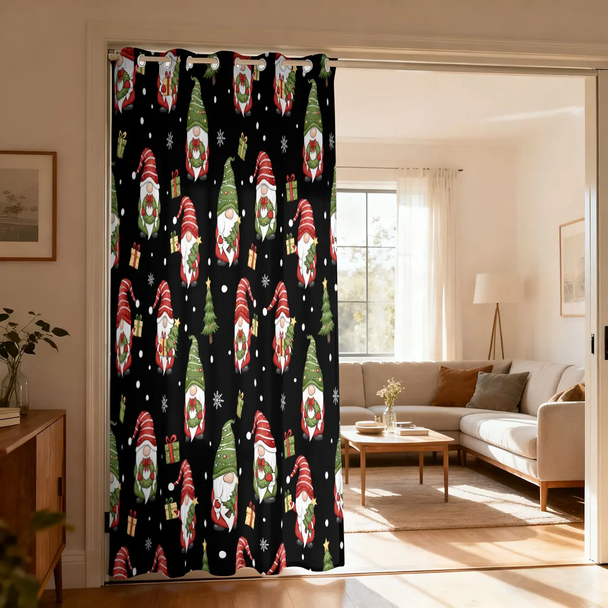 Christmas Dwarf Xmas Tree Gift Print Single Loop Curtain, Door Hanging Curtain Living Room Bedroom Fashion Home Decoration