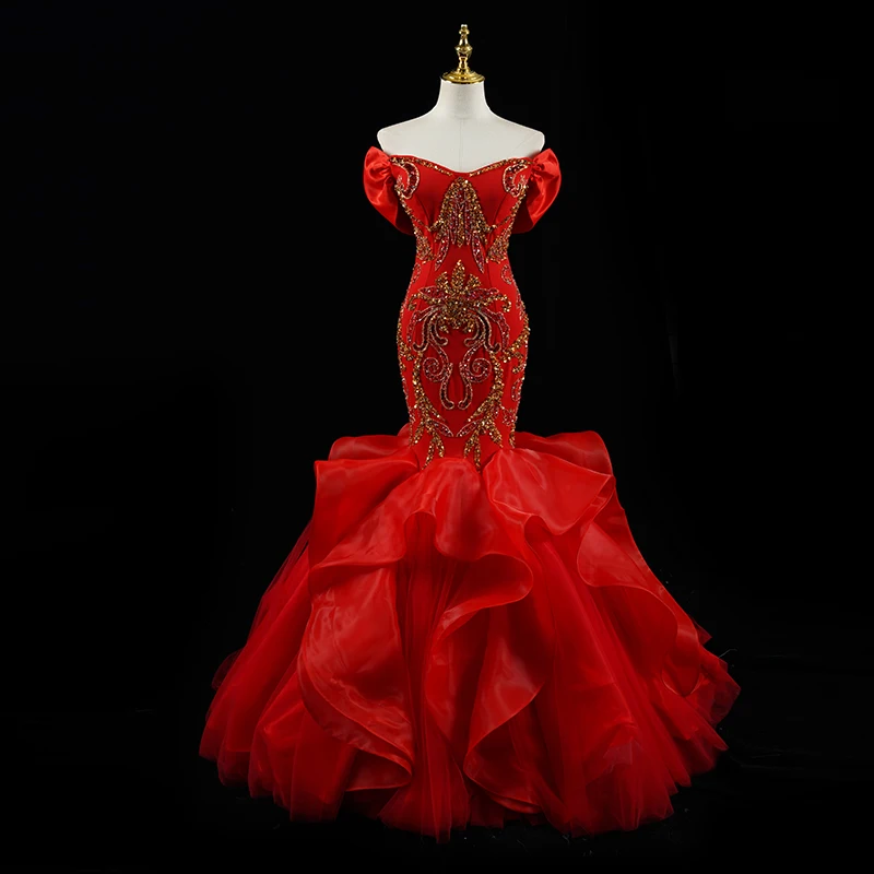 Luxury Wedding Dress Ruffled Ball Gown Heavy Beaded Sequin Evening Dress For Formal Occasions