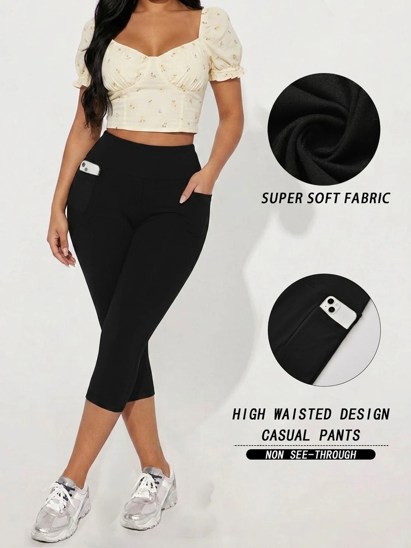 Calças capri de cintura alta para mulheres com bolsos, super macias, com controle de barriga, para treino, corrida, ioga e atividades físicas.