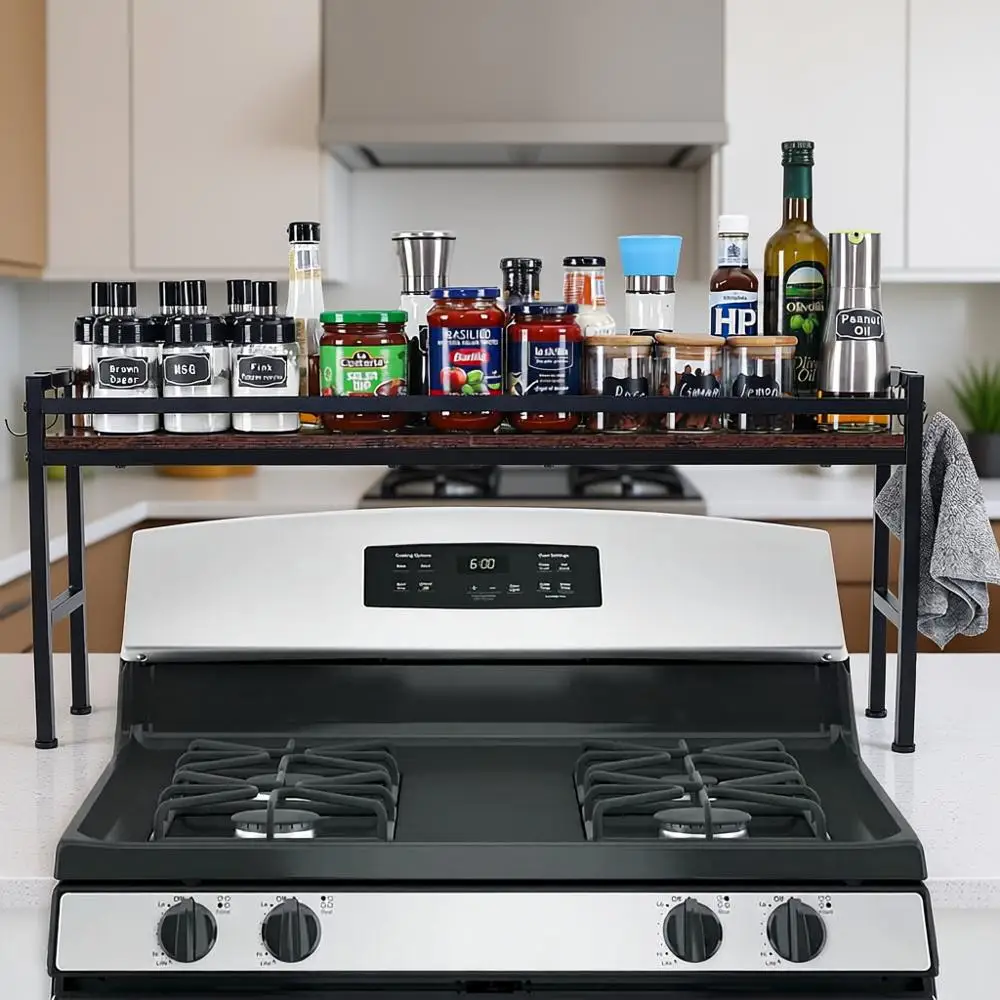 

Spice Rack Shelf Kitchen Stove Top with 4 Hooks Extra Storage Countertop Seasoning Organizer Kitchen Organizers Storage