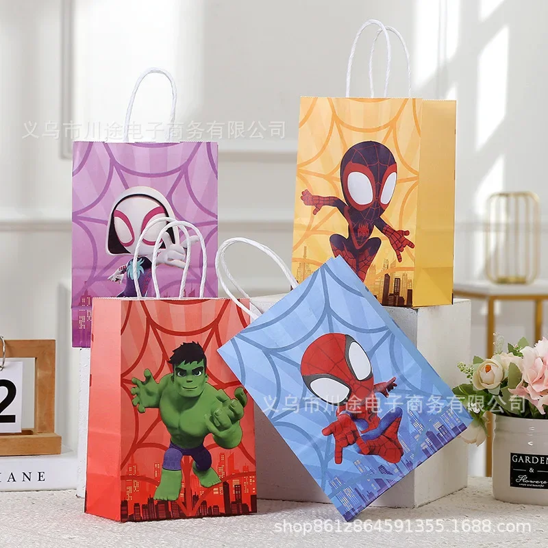 

Disney Marvel The Avengers Spider Man Cartoon Kraft Paper Handbag Hulk Anime Figures Birthday Party Supplies Gifts Candy Bags