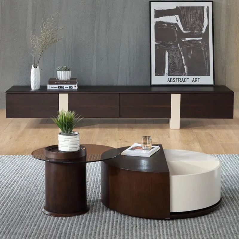 Italian minimalist khaki rotating coffee table TV cabinet combination living room household smoke size round storage