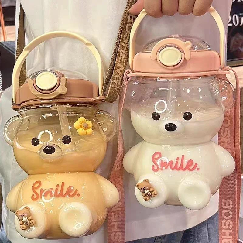 

1 Liter Water Bottle for Kids Tumbler with Straw Mug Cup Bear Kawaii Summer Outdoor Sport Plastic Girls School Cute Drinking Cup