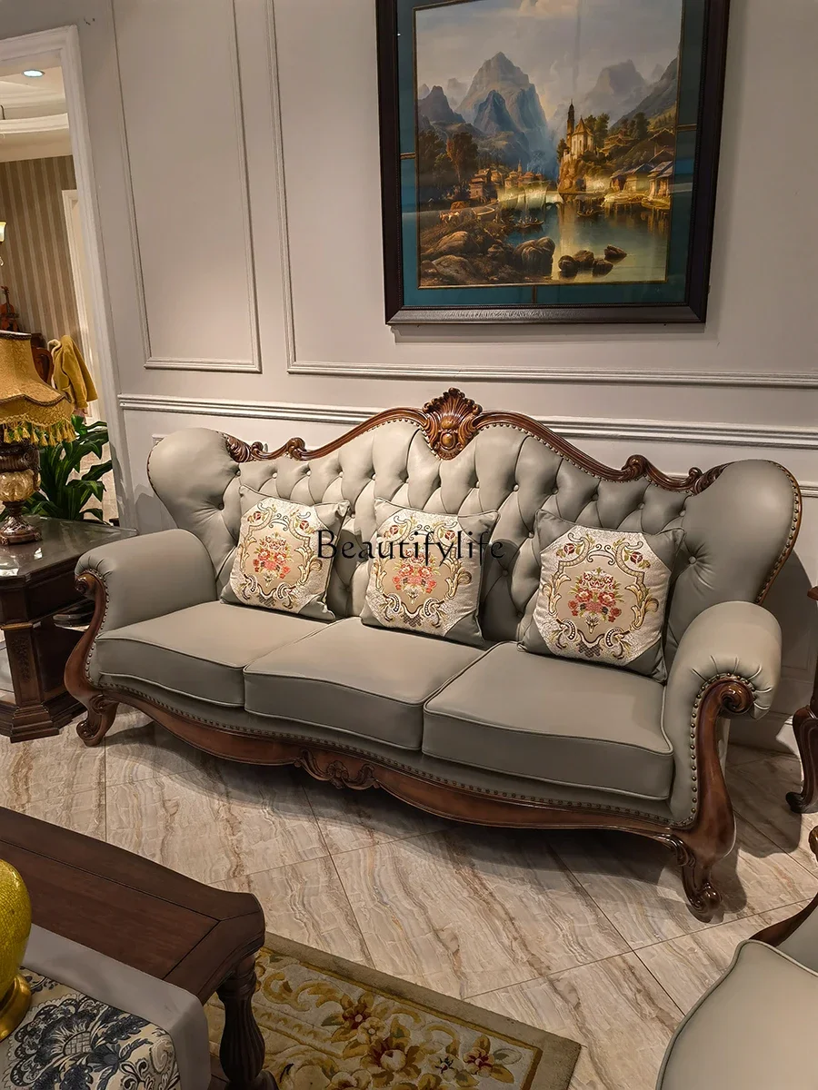 

American black walnut sofa solid wood carving flower U-shaped leather sofa