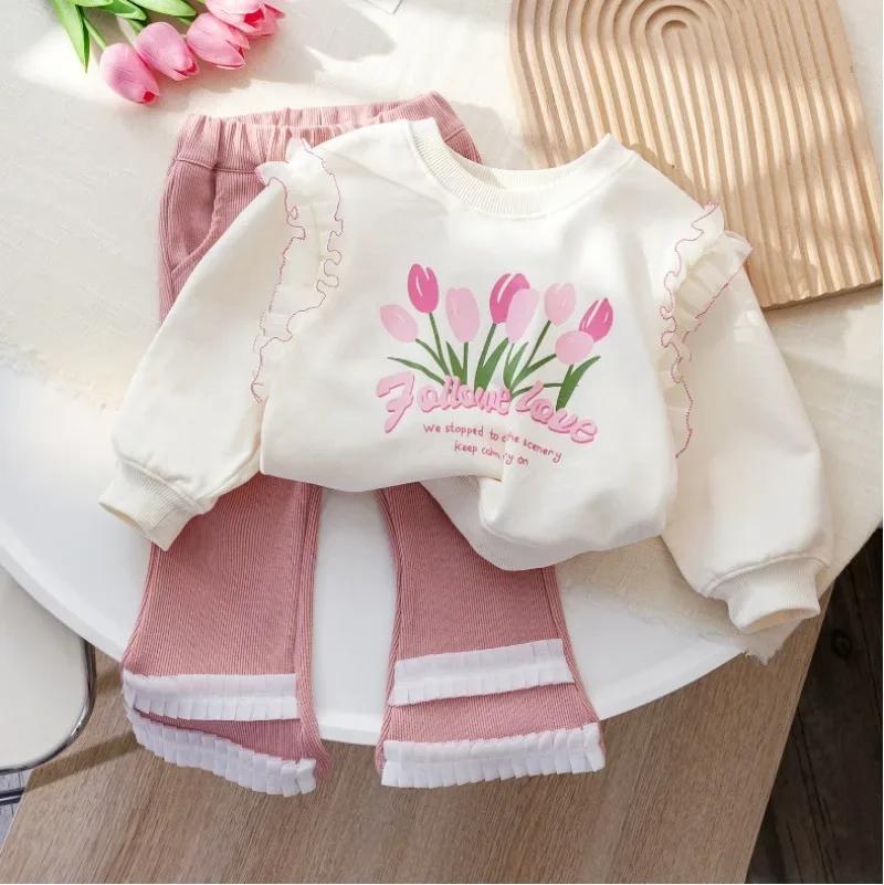 2023 New Spring Autumn Two Piece Sets Girls Top Pant Flower Lettle Lace Pullover Loose Fashion Outdoor Soft