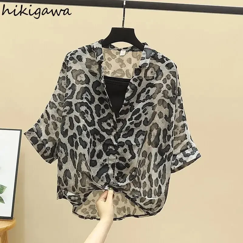 2024 Blusas Mujer De Moda Chiffon Shirts Sets Fashion Sexy Leopard V-neck Blouses Tunic Vest Suit Temperament Summer Loose Tops