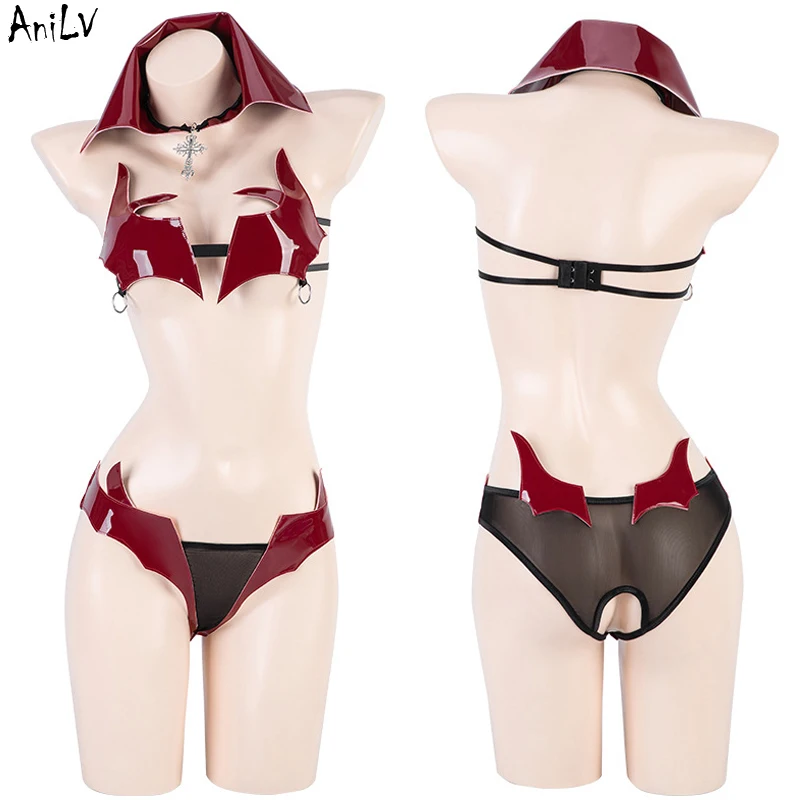 AniLV Dark Demon Girl Devil Uniform Halloween Women Anime Vampire Blood Red Outfit Cosplay Costume