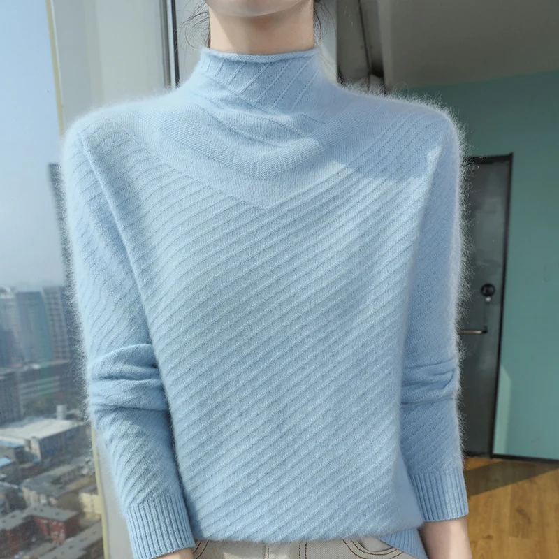 

Осень-зима, 100% норковый кашемировый свитер, женский свитер, полуводолазка, базовая рубашка, облегающий свободный толстый вязаный топ с длинными рукавами